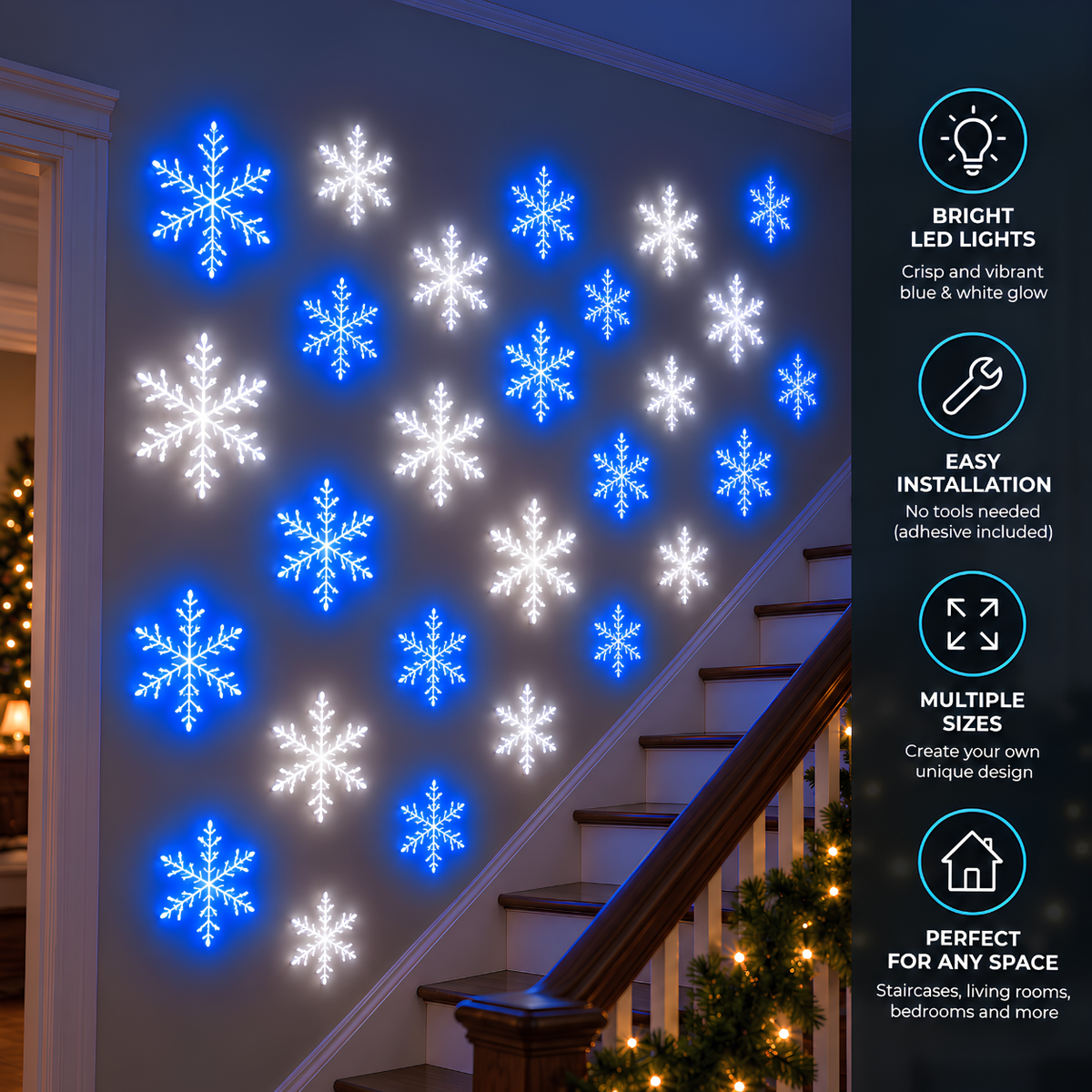 FrostGlow snowflake wall lights along a staircase, styling illustration