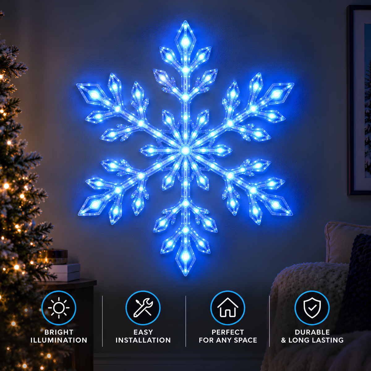 FrostGlow blue LED snowflake wall light in a Christmas styling illustration