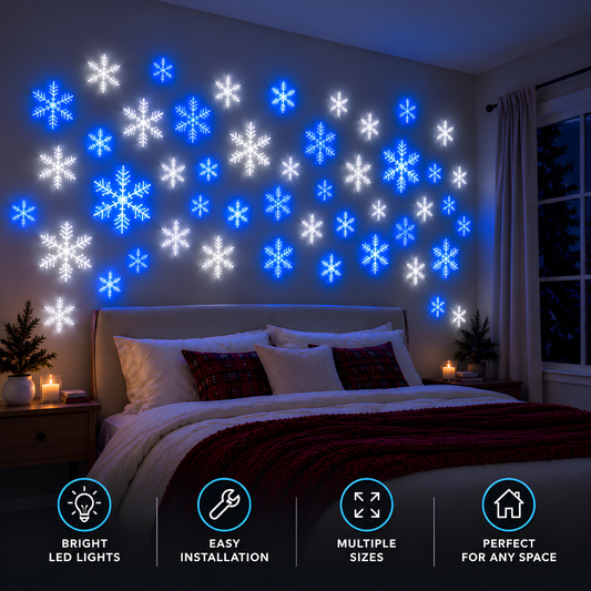 Blue and white FrostGlow snowflake lights arranged above a bed, styling illustration