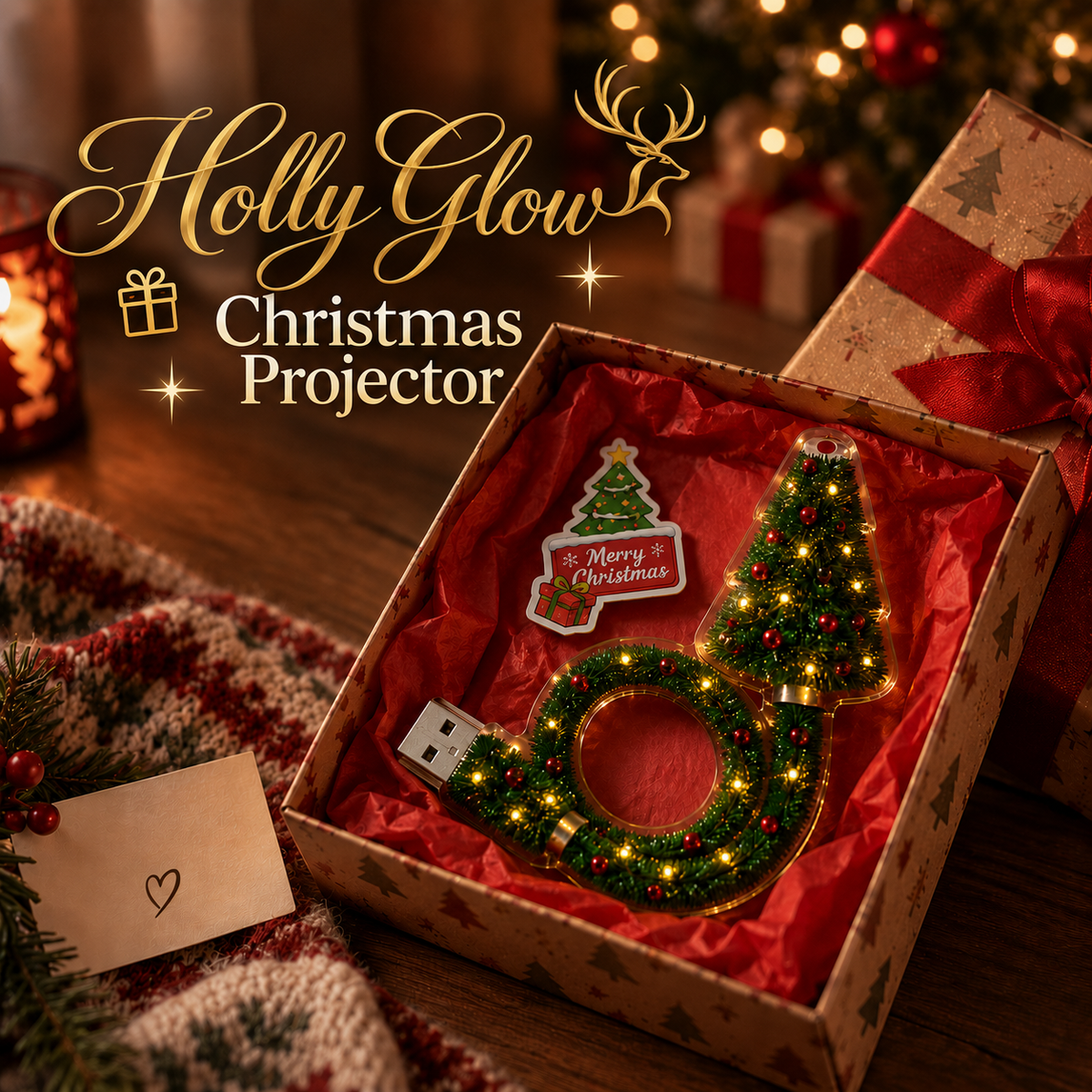 HollyGlow tree-shaped Christmas projector with a flexible USB stem in a gift-box image