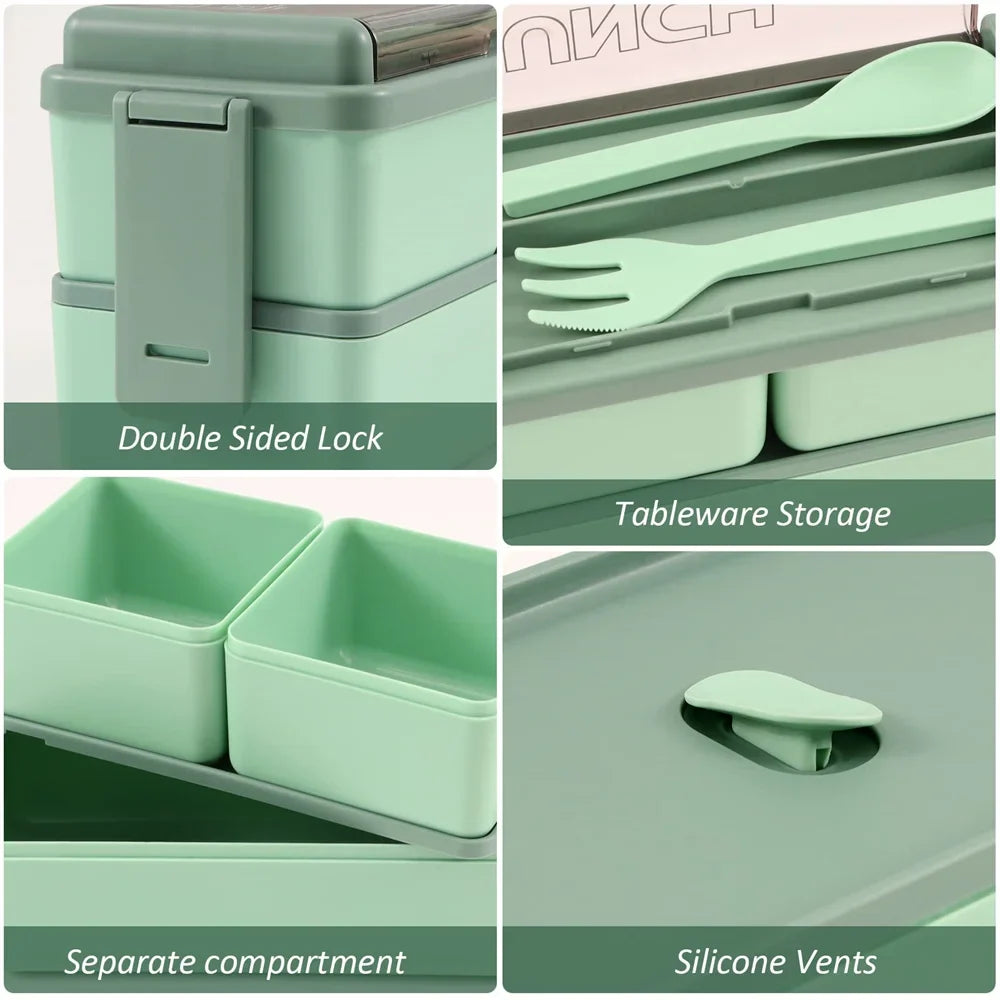 1400ml Double Layer Bento Box | Portable Lunch Box with Fork & Spoon – Microwave Safe Food Storage for Kids & Adults