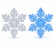 White and blue FrostGlow LED snowflakes shown side by side