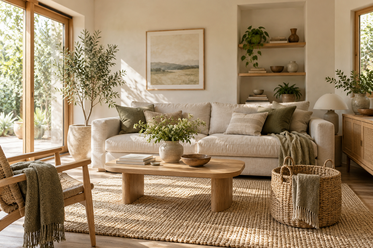 A warm living room with practical storage and natural textures.