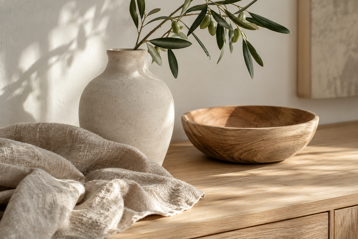 A close-up of linen, ceramic, and oak textures in warm natural light.
