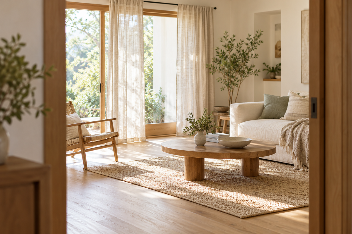 Morning light falling across a welcoming room with oak floors and linen curtains.