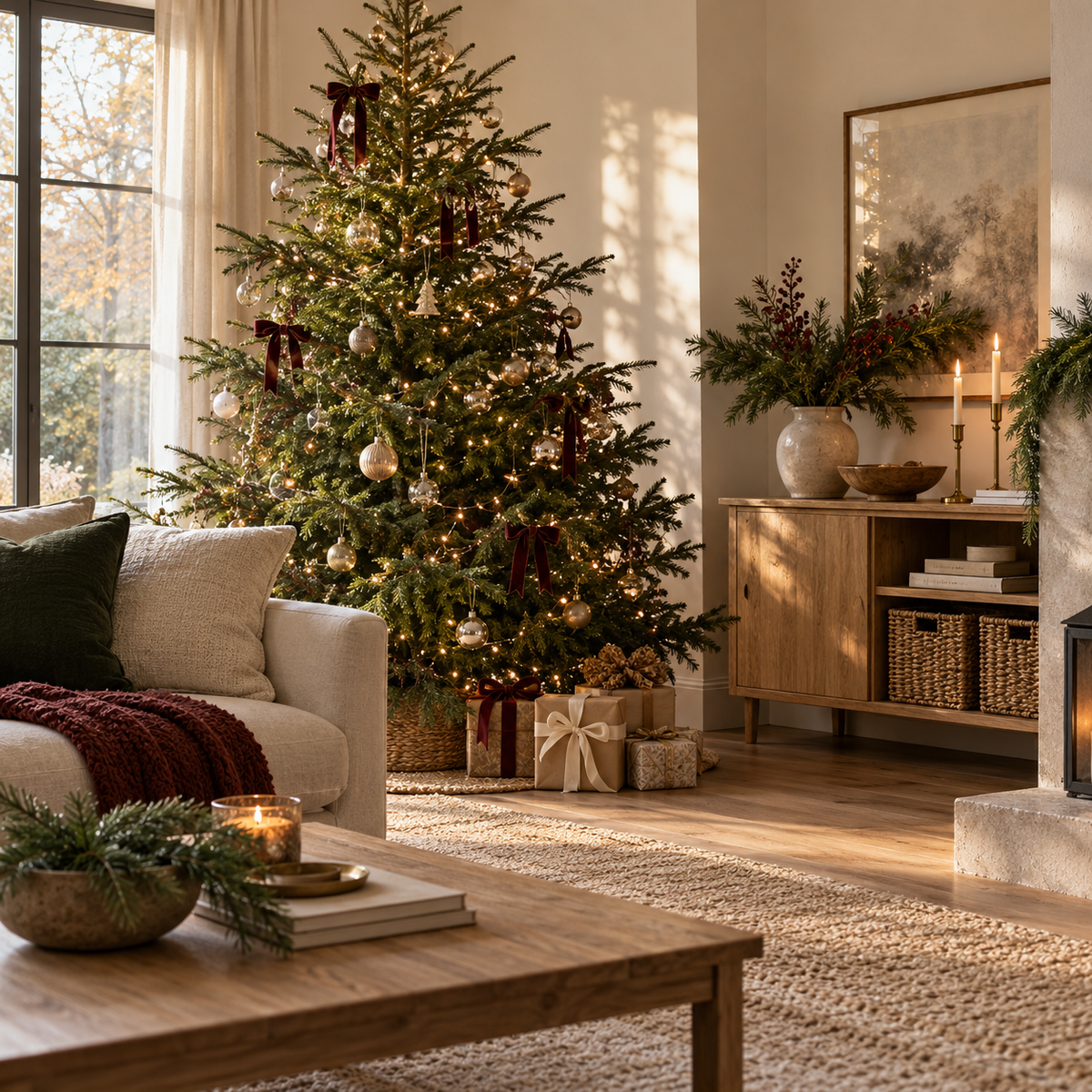 A warm Christmas living room with a softly lit tree, wrapped gifts, oak furniture and woven storage baskets.