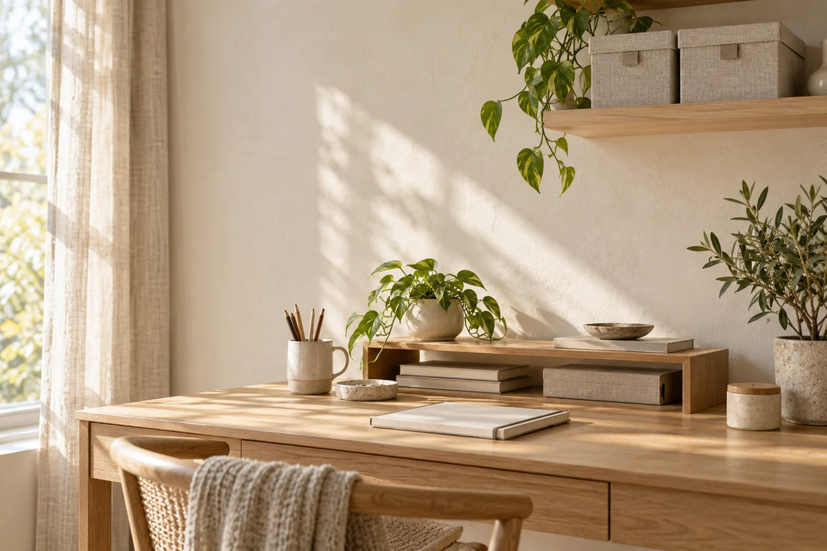Warm natural light in an organized home workspace with wood shelving and linen storage